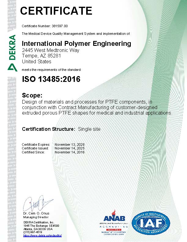 International Polymer Engineering 13485 Certificate